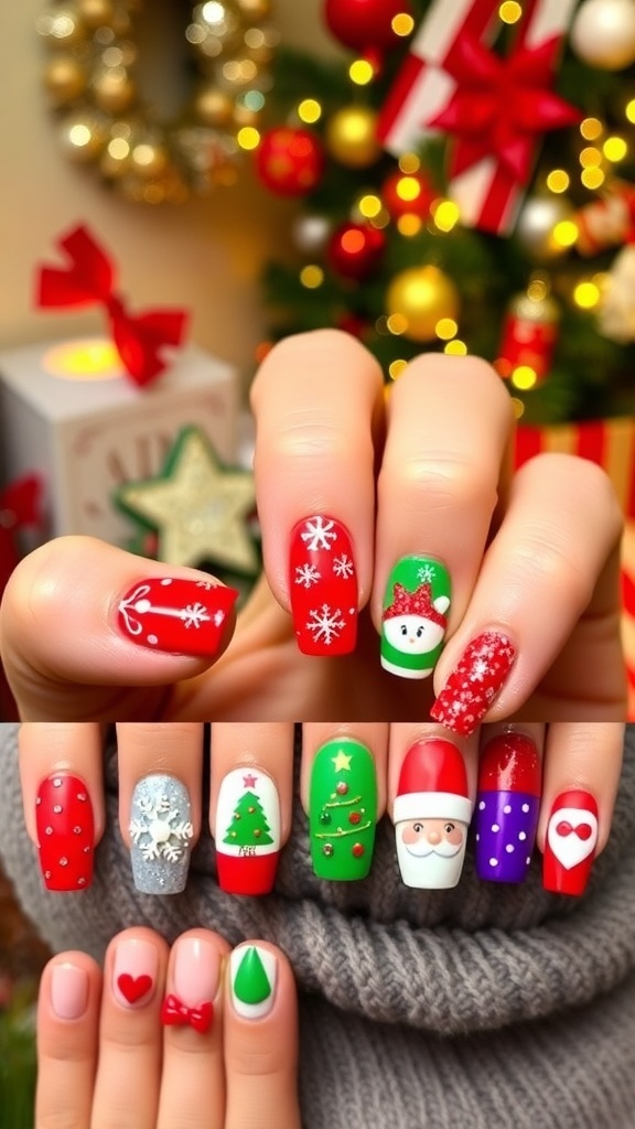 Festive Christmas nail art for kids with colorful designs including snowflakes and Christmas trees.